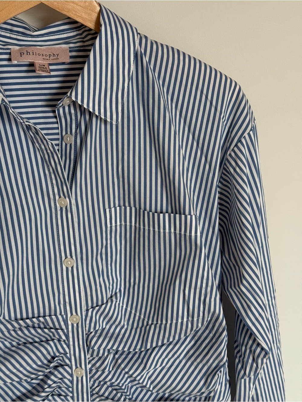 Philosophy Blue Striped Cinch Waist Gathered Ruched Button Down Shirt Large - Picture 3 of 11